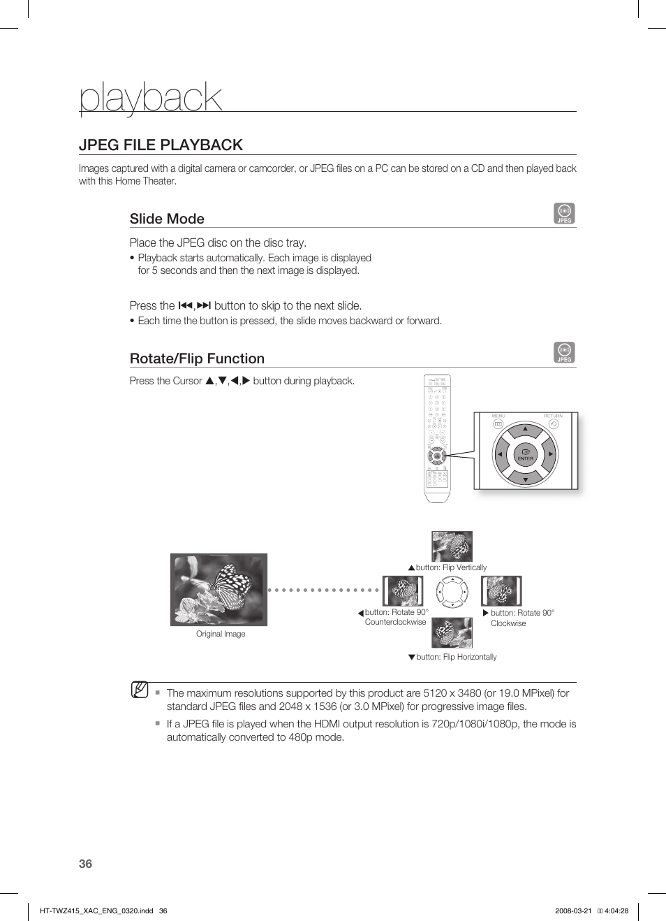 Jpeg file playback, Divx playback, Playback | Samsung HT-TWZ415 User Manual | Page 36 / 75
