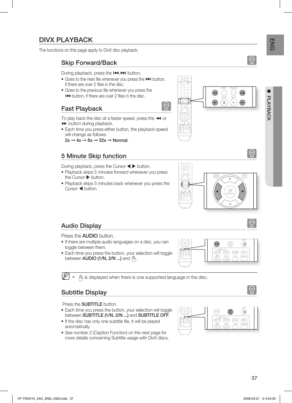 Divx playback | Samsung HT-TWZ415 User Manual | Page 37 / 75