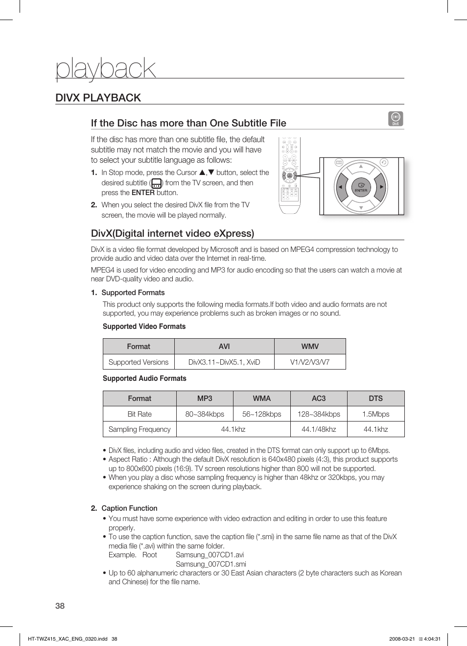 Using the playback function, Playback, Divx playback | If the disc has more than one subtitle file, Divx(digital internet video express) | Samsung HT-TWZ415 User Manual | Page 38 / 75