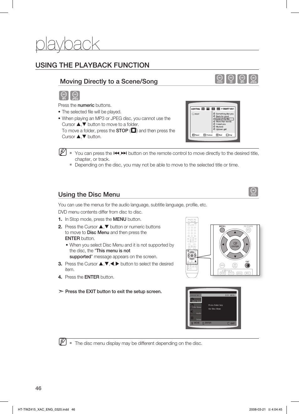 Playback, Dbag ag, Using the playback function | Samsung HT-TWZ415 User Manual | Page 46 / 75