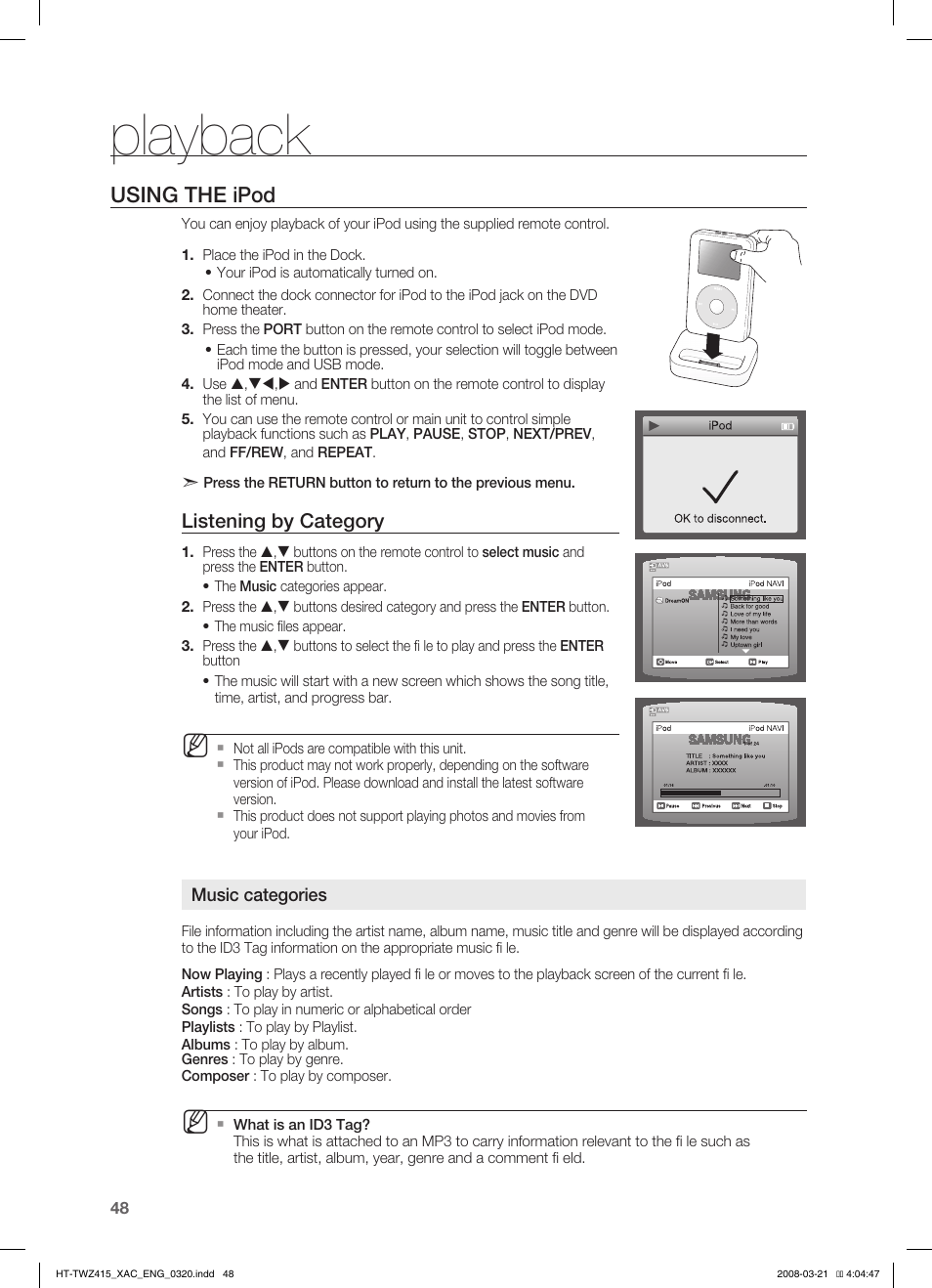 Using the ipod, Playing media files using the usb host feature, Playback | Listening by category | Samsung HT-TWZ415 User Manual | Page 48 / 75
