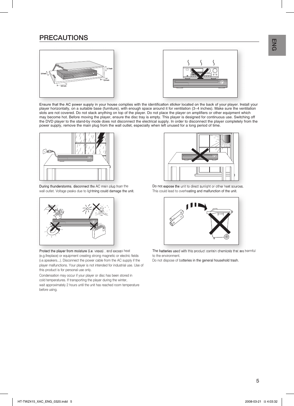 Precautions | Samsung HT-TWZ415 User Manual | Page 5 / 75