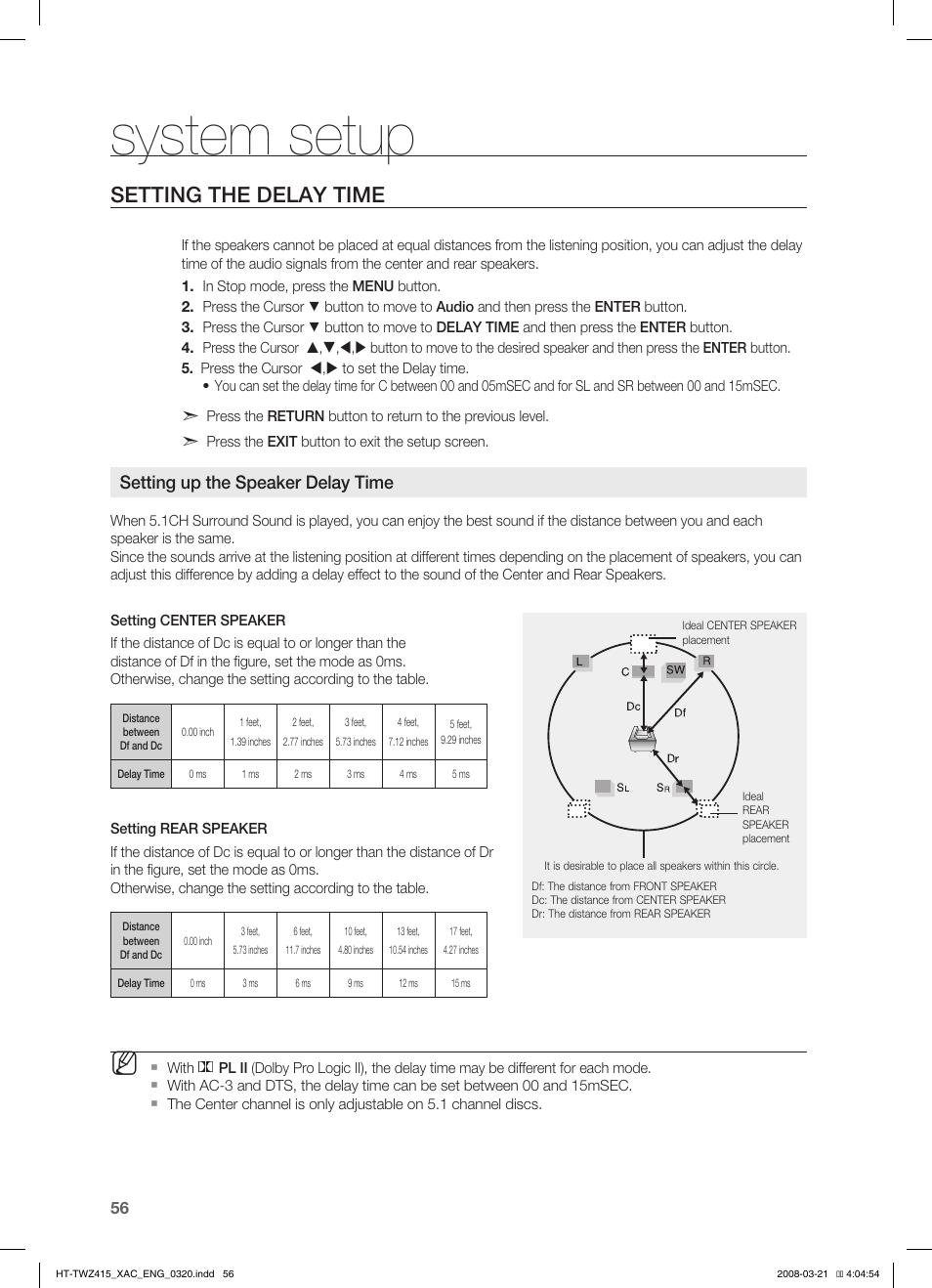 Seting the delay time, Seting the test tone, Seting the audio | System setup, Setting the delay time, Setting up the speaker delay time | Samsung HT-TWZ415 User Manual | Page 56 / 75