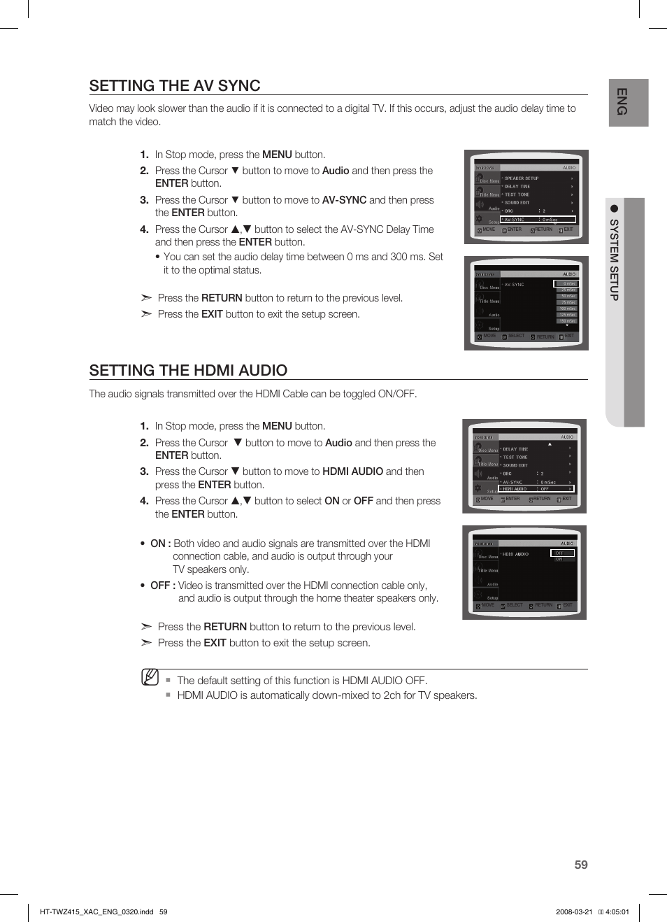 Setting the av sync, Setting the hdmi audio | Samsung HT-TWZ415 User Manual | Page 59 / 75
