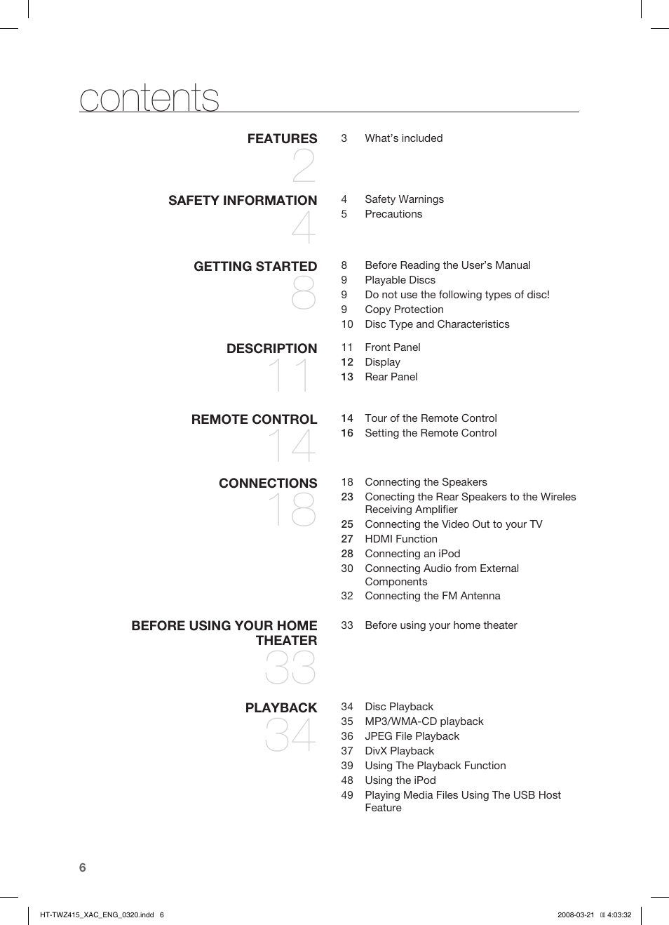 Samsung HT-TWZ415 User Manual | Page 6 / 75