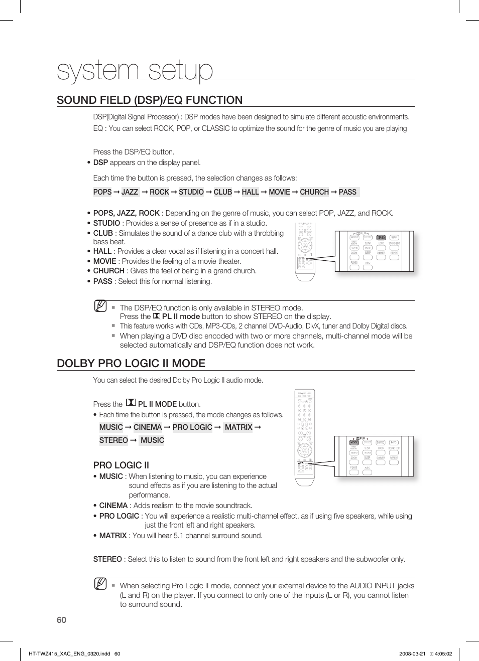 Sound field (dsp)/eq function, Dolby pro logic ii mode, Dolby pro logic ii effect | P.bass, System setup | Samsung HT-TWZ415 User Manual | Page 60 / 75