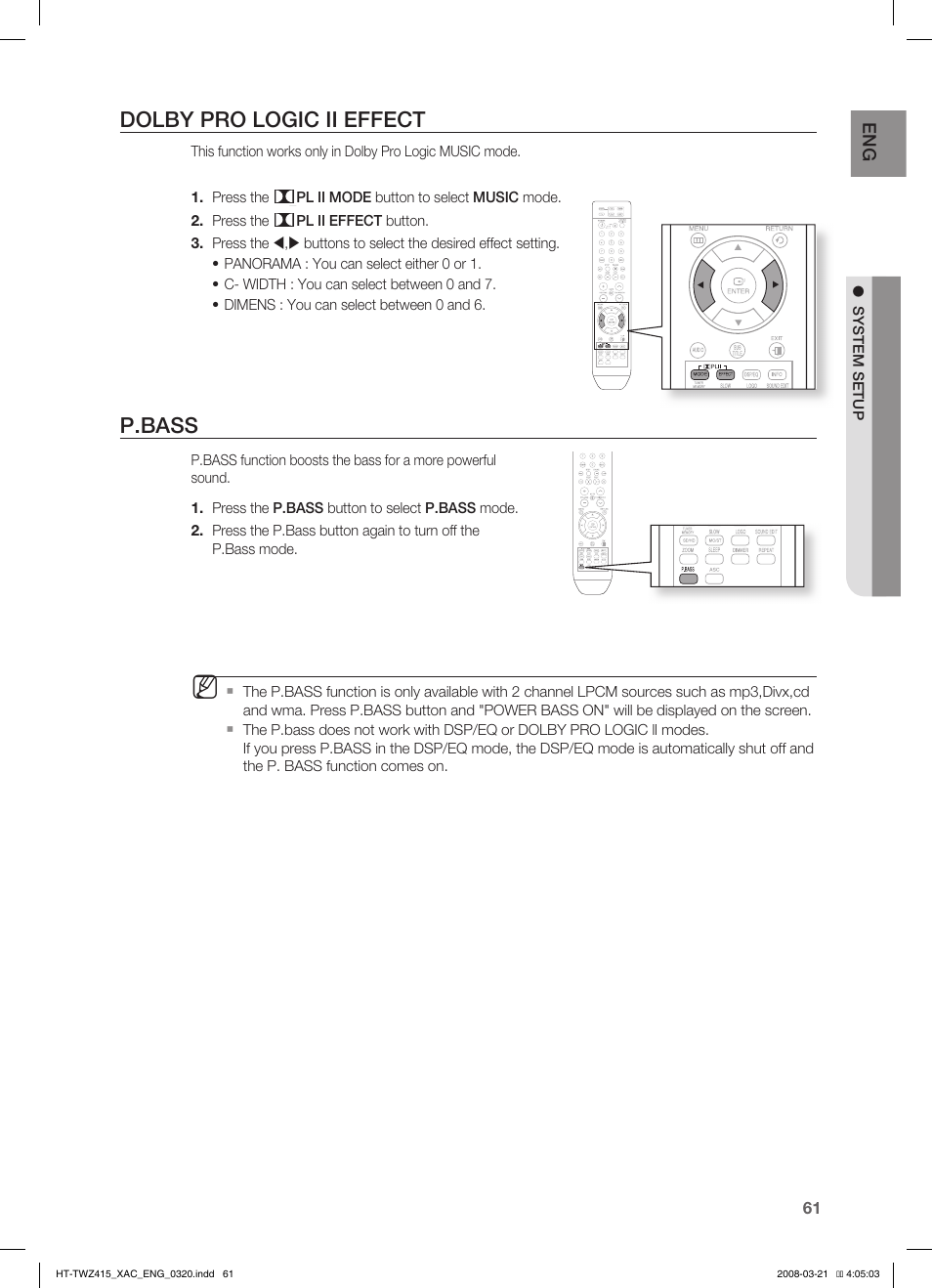 Dolby pro logic ii effect, P.bass | Samsung HT-TWZ415 User Manual | Page 61 / 75