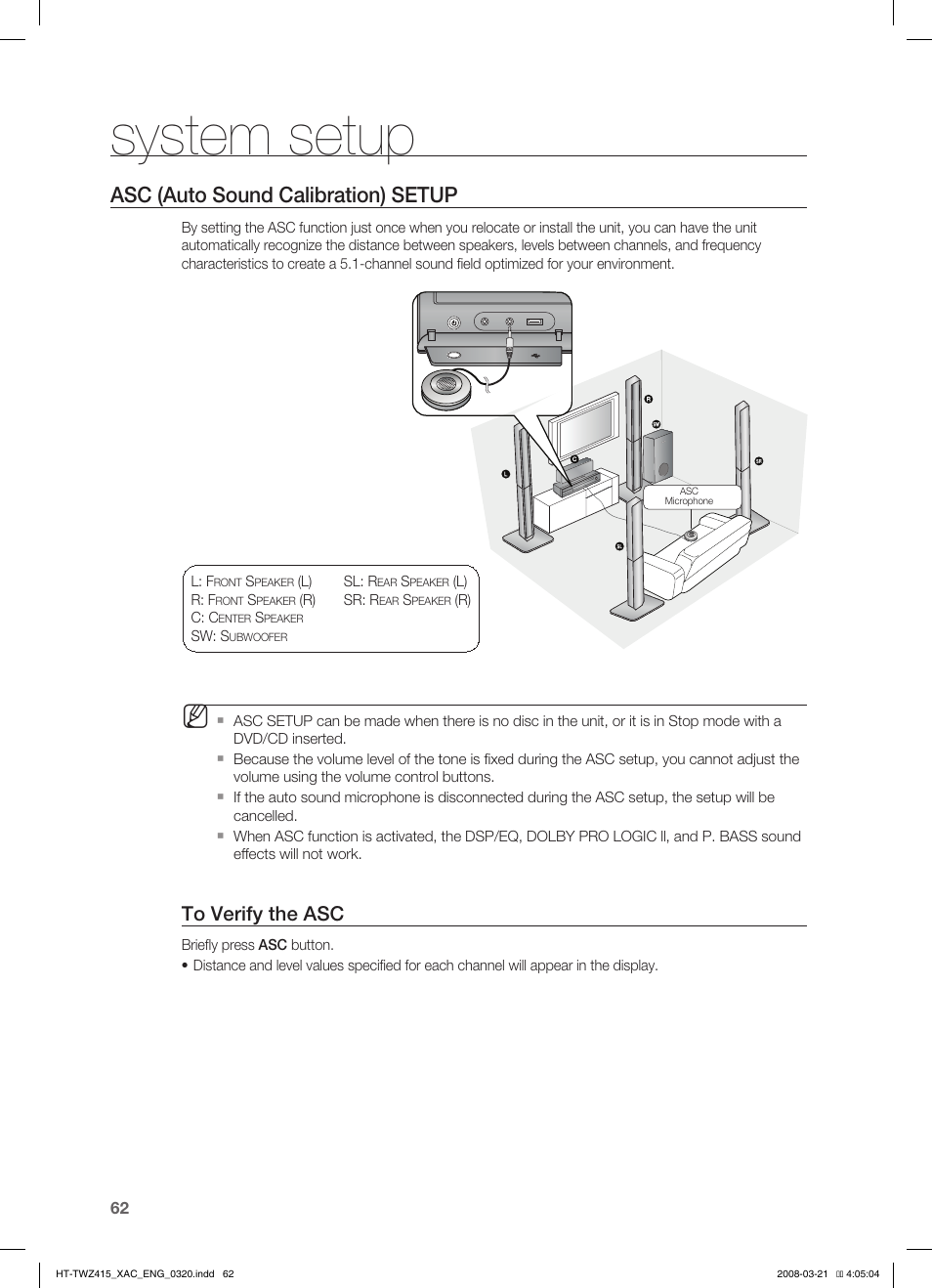 Asc (auto sound calibration) setup, System setup | Samsung HT-TWZ415 User Manual | Page 62 / 75
