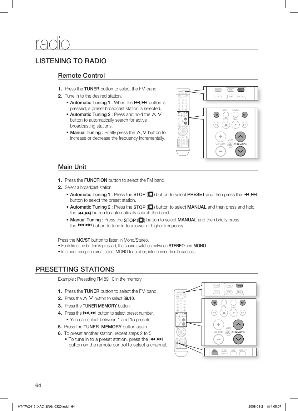 Radio, Listening to radio, Presetting stations | Convenient function, Sleep timer function, Adjusting display brightness, Mute function | Samsung HT-TWZ415 User Manual | Page 64 / 75