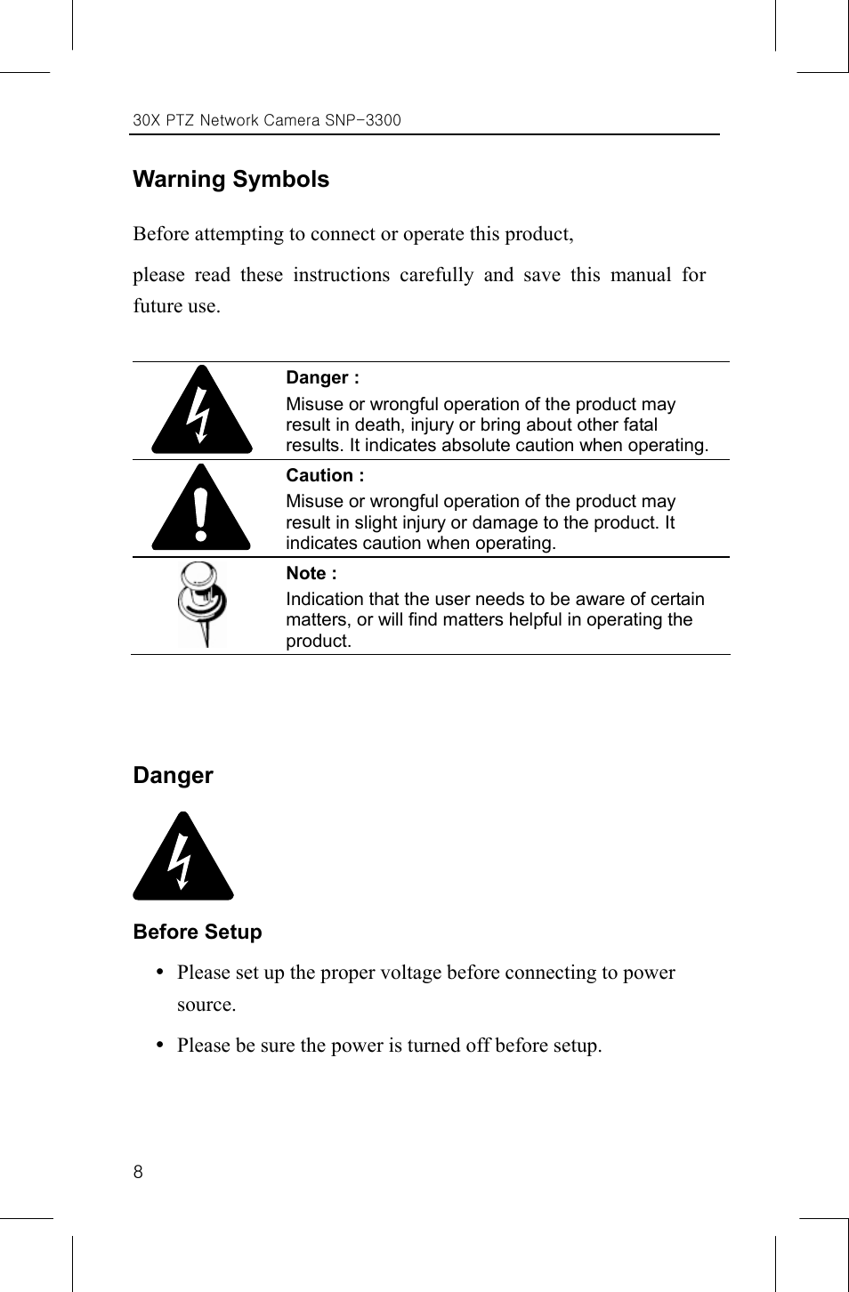 Warning symbols, Danger | Samsung IPOLIS SNP-3300 User Manual | Page 12 / 116