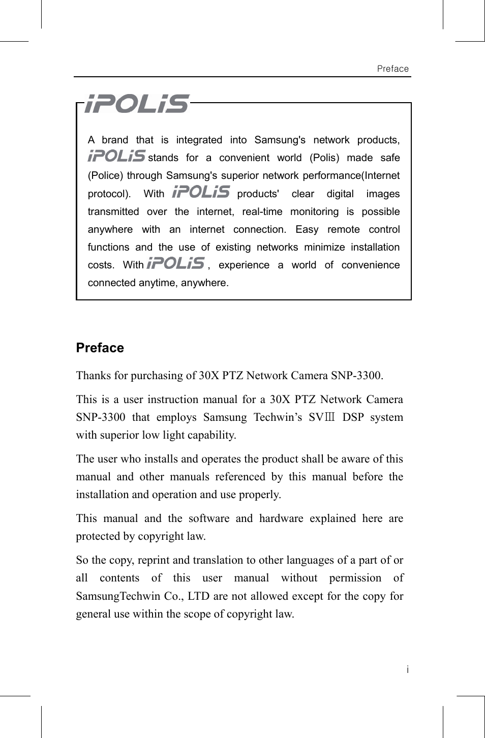 Preface | Samsung IPOLIS SNP-3300 User Manual | Page 3 / 116
