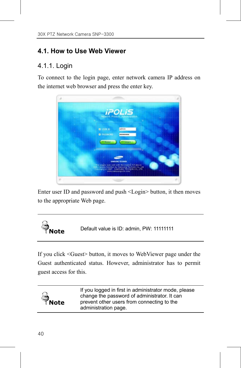 How to use web viewer 4.1.1. login | Samsung IPOLIS SNP-3300 User Manual | Page 44 / 116