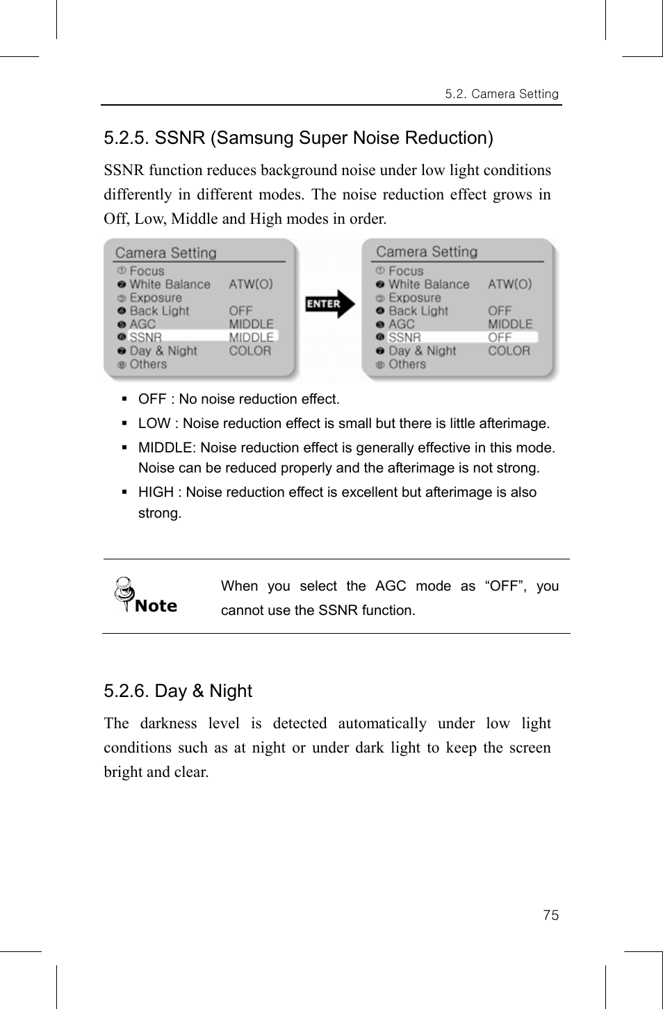 Ssnr (samsung super noise reduction), Day & night | Samsung IPOLIS SNP-3300 User Manual | Page 79 / 116