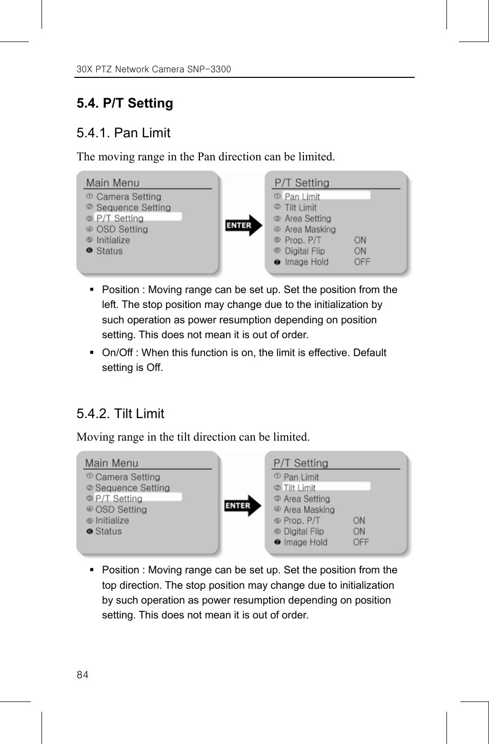 P/t setting 5.4.1. pan limit, Tilt limit | Samsung IPOLIS SNP-3300 User Manual | Page 88 / 116