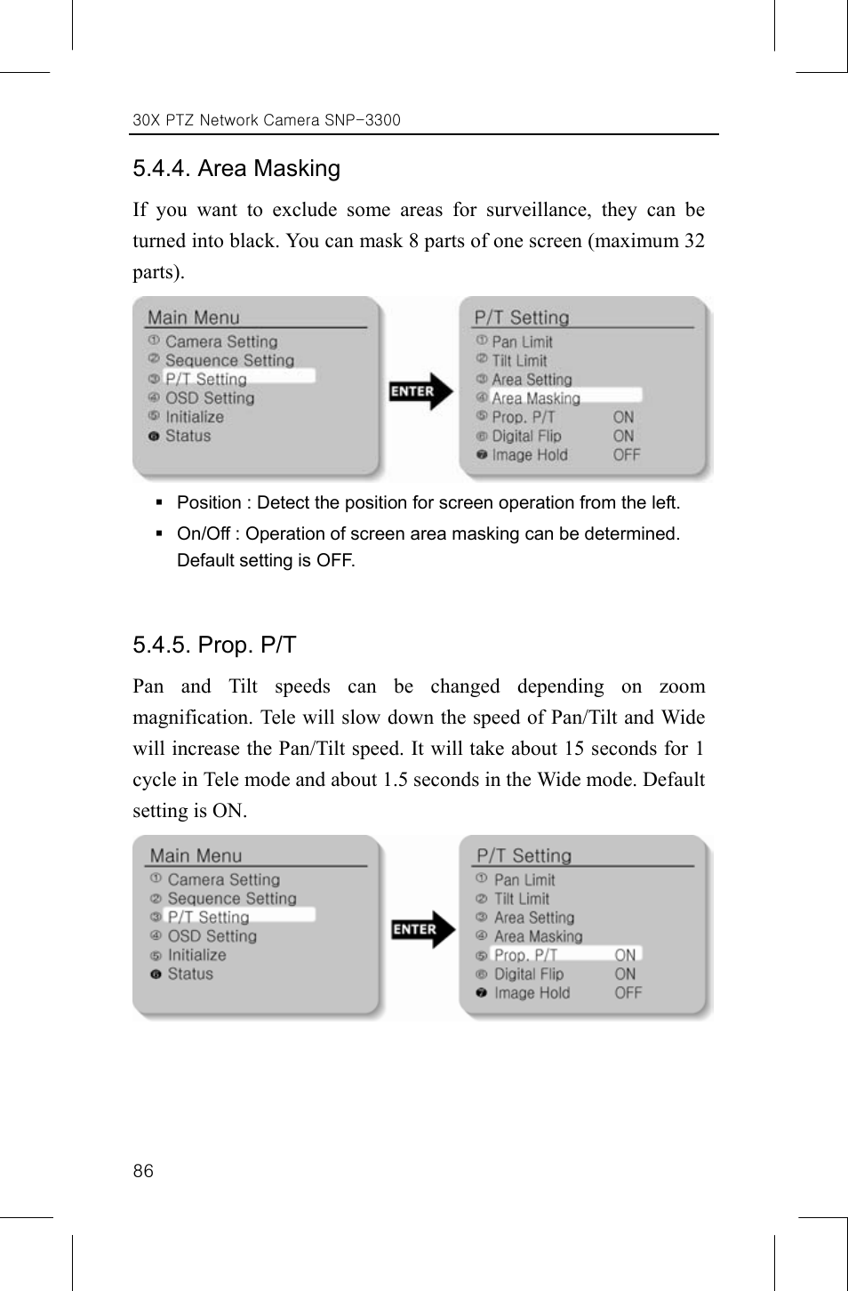 Area masking, Prop. p/t | Samsung IPOLIS SNP-3300 User Manual | Page 90 / 116