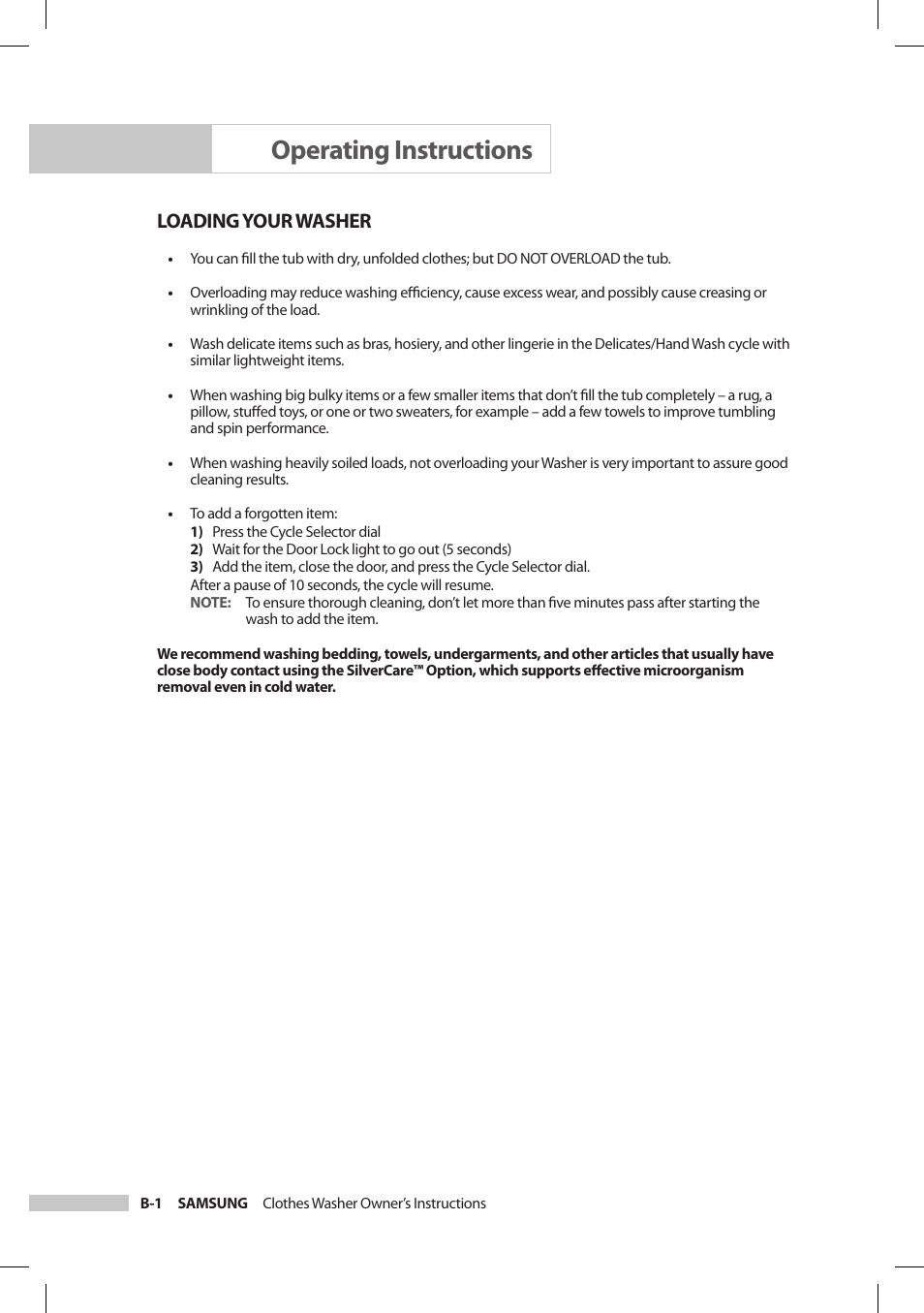 Operating instructions, Loading your washer | Samsung SilverCare Washer User Manual | Page 10 / 32