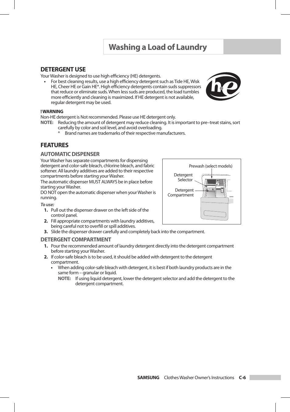 Washing a load of laundry, Detergent use, Features | Samsung SilverCare Washer User Manual | Page 17 / 32