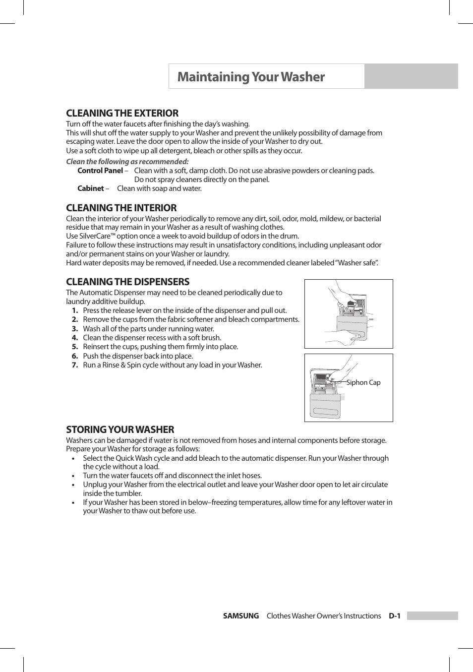 Maintaining your washer, Cleaning the exterior, Cleaning the interior | Cleaning the dispensers, Storing your washer | Samsung SilverCare Washer User Manual | Page 19 / 32