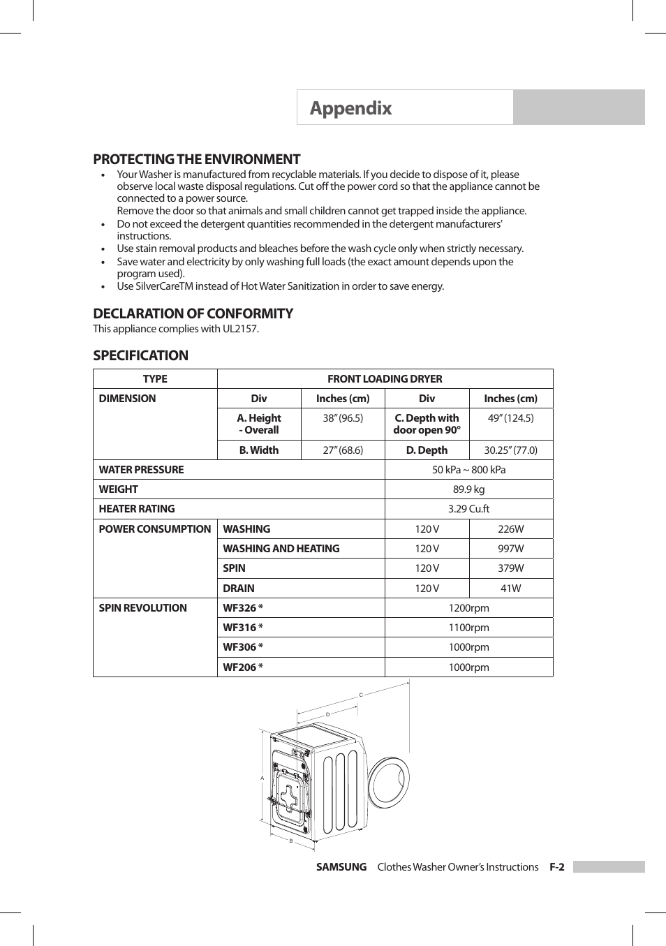 Appendix, Protecting the environment, Declaration of conformity | Specification | Samsung SilverCare Washer User Manual | Page 25 / 32