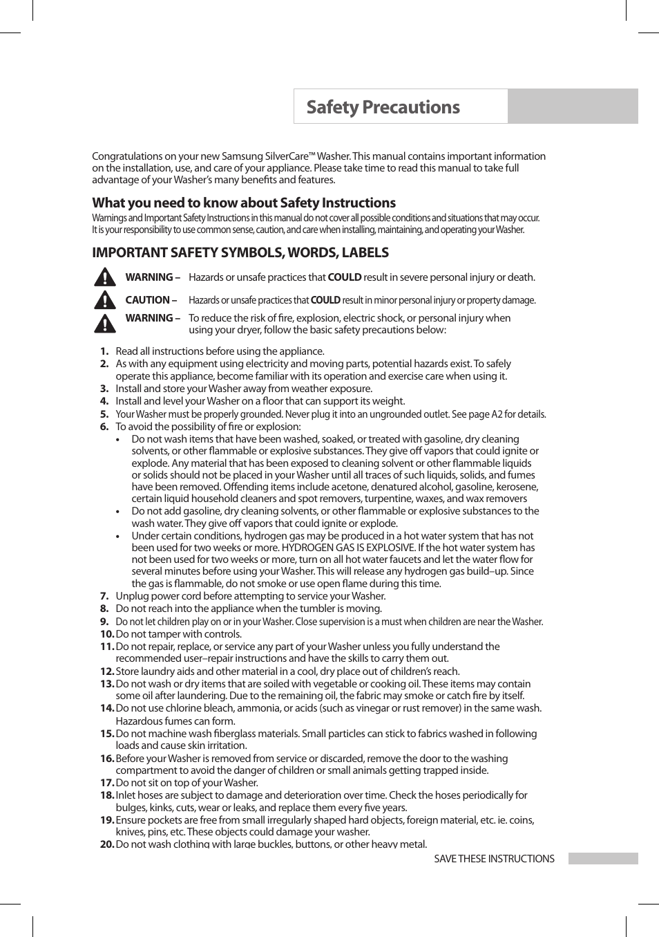 Safety precautions, What you need to know about safety instructions, Important safety symbols, words, labels | Samsung SilverCare Washer User Manual | Page 3 / 32