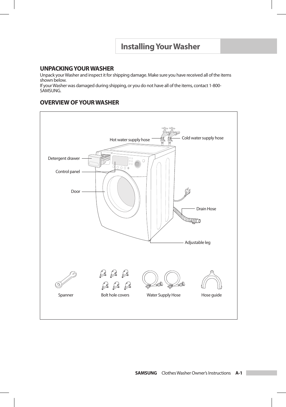 Installing your washer, Unpacking your washer, Overview of your washer | Samsung SilverCare Washer User Manual | Page 5 / 32