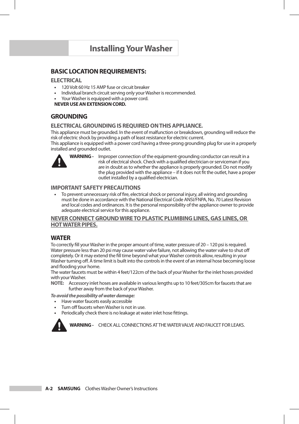 Installing your washer, Basic location requirements, Grounding | Water | Samsung SilverCare Washer User Manual | Page 6 / 32