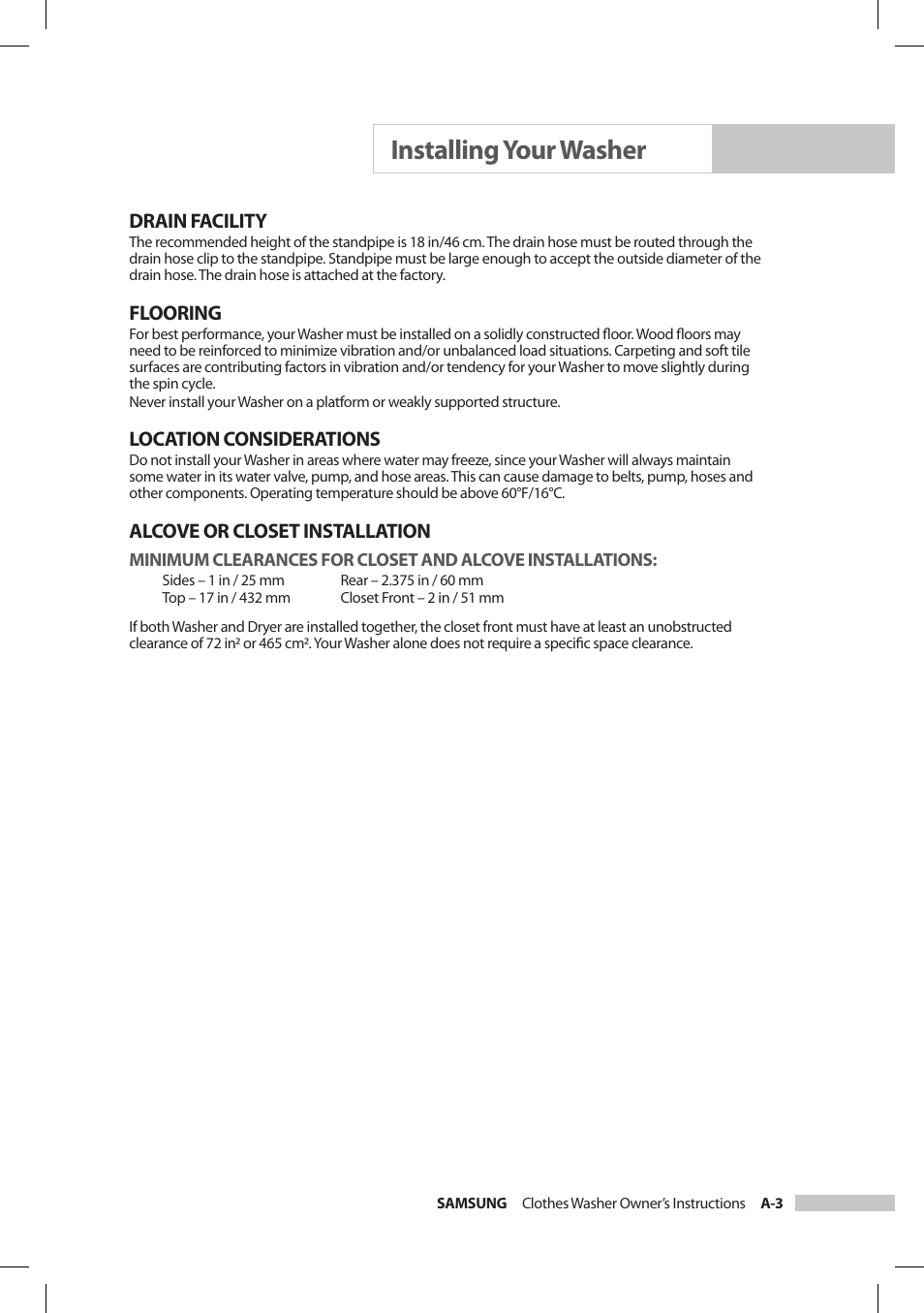 Installing your washer, Drain facility, Flooring | Location considerations, Alcove or closet installation | Samsung SilverCare Washer User Manual | Page 7 / 32