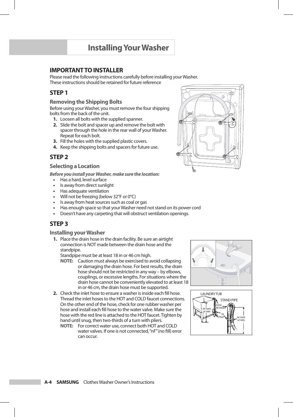 Important to installer, Step 1, Step 2 | Step 3, Removing the shipping bolts, Selecting a location, Installing your washer | Samsung SilverCare Washer User Manual | Page 8 / 32