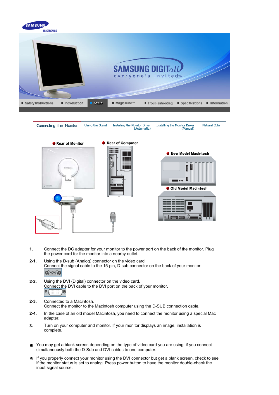 Setup, Connecting the monitor | Samsung 173P Plus User Manual | Page 13 / 57