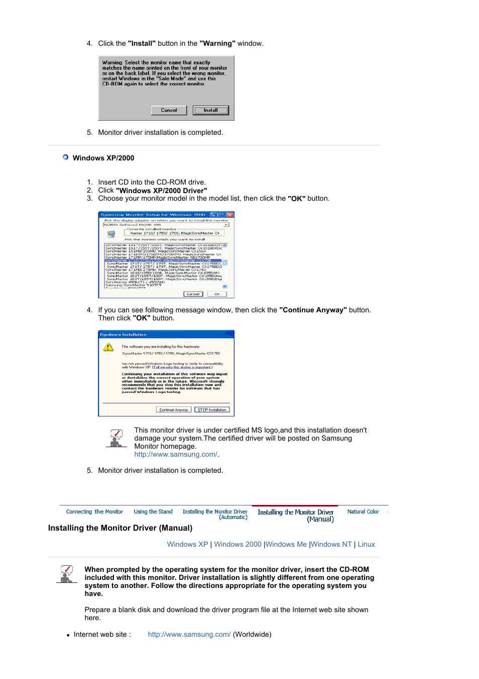 Installing the monitor driver(manual) | Samsung 173P Plus User Manual | Page 16 / 57