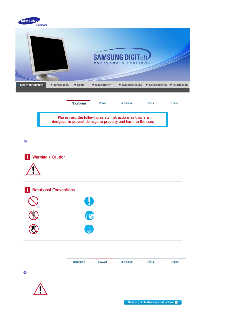 Safety instructions, Notational | Samsung 173P Plus User Manual | Page 2 / 57