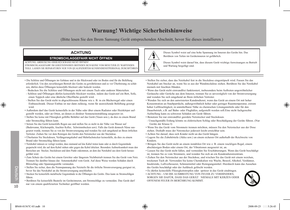 Warnung! wichtige sicherheitshinweise, Achtung, Deutsch | Samsung SPF-71E User Manual | Page 10 / 64