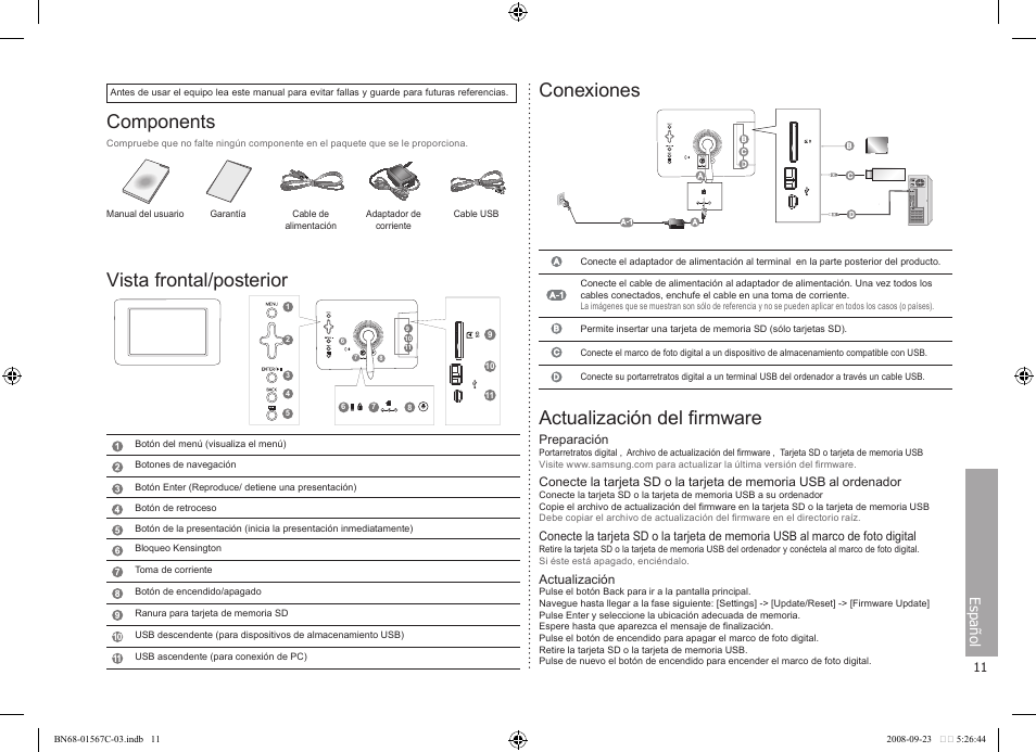 Components, Vista frontal/posterior, Conexiones | Actualización del firmware, Español | Samsung SPF-71E User Manual | Page 11 / 64