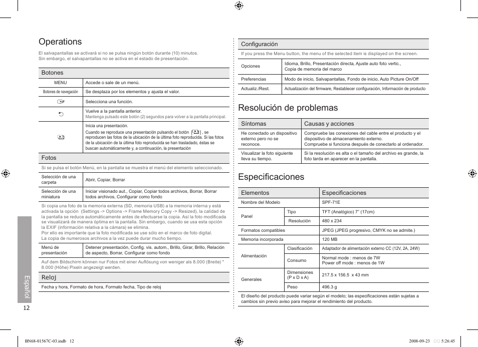 Operations, Resolución de problemas, Especificaciones | Español | Samsung SPF-71E User Manual | Page 12 / 64