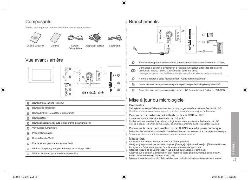 Composants, Vue avant / arrière, Branchements | Mise à jour du micrologiciel, Fr ançais | Samsung SPF-71E User Manual | Page 17 / 64