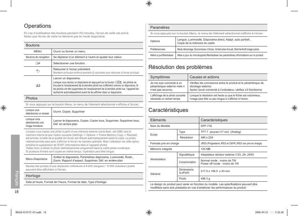 Operations, Résolution des problèmes, Caractéristiques | Fr ançais | Samsung SPF-71E User Manual | Page 18 / 64