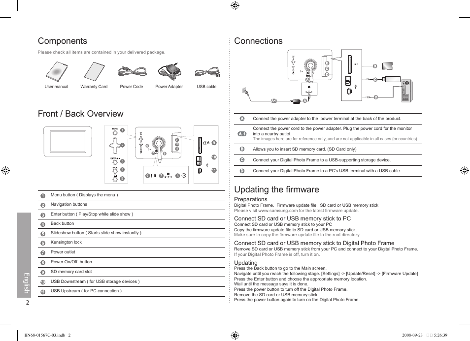 Components, Front / back overview, Connections | Updating the firmware, English | Samsung SPF-71E User Manual | Page 2 / 64