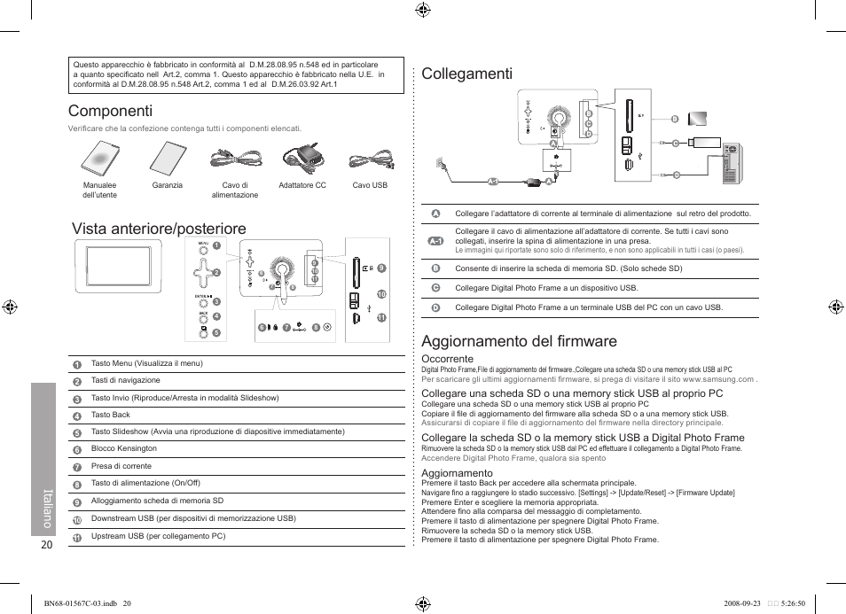 Componenti, Vista anteriore/posteriore, Collegamenti | Aggiornamento del firmware, Ital iano | Samsung SPF-71E User Manual | Page 20 / 64