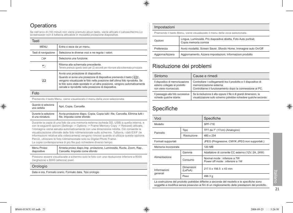 Operations, Risoluzione dei problemi, Specifiche | Ital iano | Samsung SPF-71E User Manual | Page 21 / 64