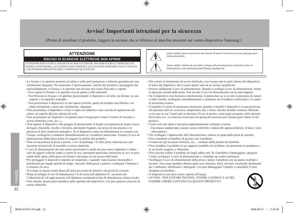 Avviso! importanti istruzioni per la sicurezza, Ital iano, Attenzione | Samsung SPF-71E User Manual | Page 22 / 64