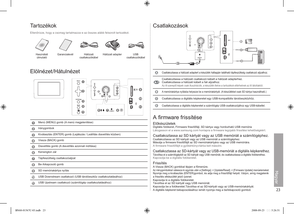 Tartozékok, Elölnézet/hátulnézet, Csatlakozások | A firmware frissítése, Magy ar | Samsung SPF-71E User Manual | Page 23 / 64