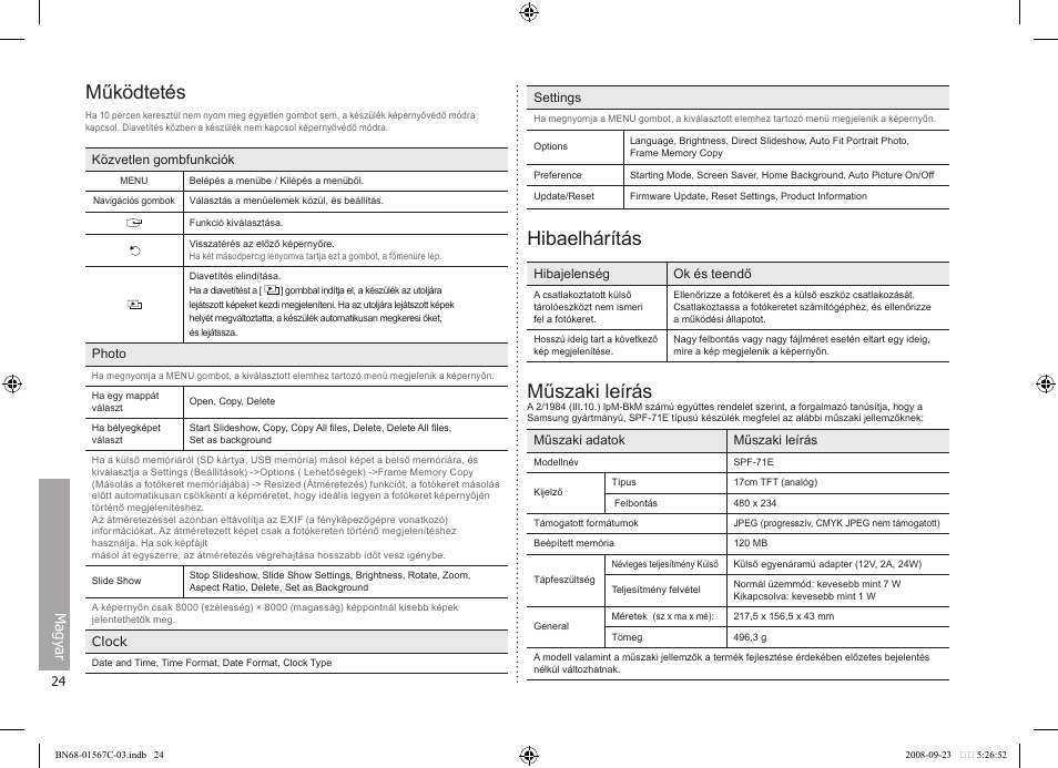 Működtetés, Hibaelhárítás, Műszaki leírás | Magy ar | Samsung SPF-71E User Manual | Page 24 / 64