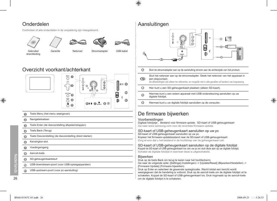 Onderdelen, Overzicht voorkant/achterkant, Aansluitingen | De firmware bijwerken, Nederlands | Samsung SPF-71E User Manual | Page 26 / 64