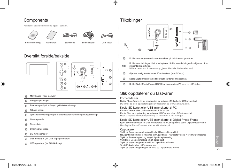 Components, Oversikt forside/bakside, Tilkoblinger | Slik oppdaterer du fastvaren, Norsk | Samsung SPF-71E User Manual | Page 29 / 64