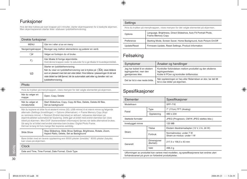 Funksjoner, Feilsøking, Spesifikasjoner | Norsk | Samsung SPF-71E User Manual | Page 30 / 64