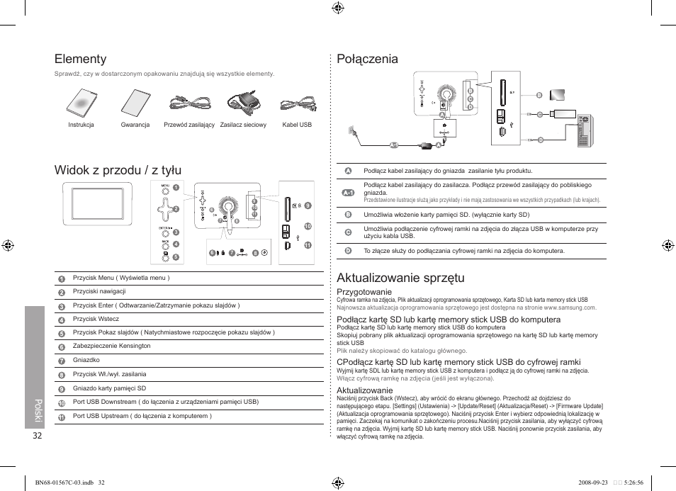 Elementy, Widok z przodu / z tyłu, Połączenia | Aktualizowanie sprzętu, Polski | Samsung SPF-71E User Manual | Page 32 / 64