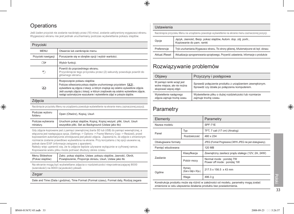 Operations, Rozwiązywanie problemów, Parametry | Polski | Samsung SPF-71E User Manual | Page 33 / 64