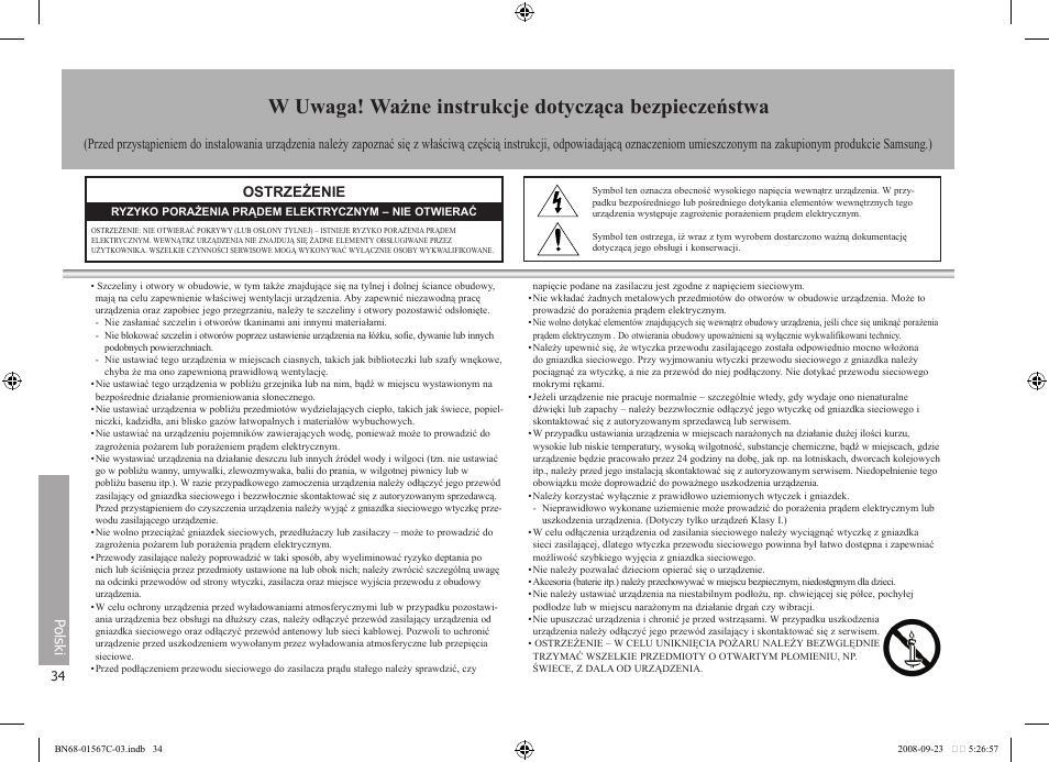 W uwaga! ważne instrukcje dotycząca bezpieczeństwa, Ostrzeżenie, Polski | Samsung SPF-71E User Manual | Page 34 / 64