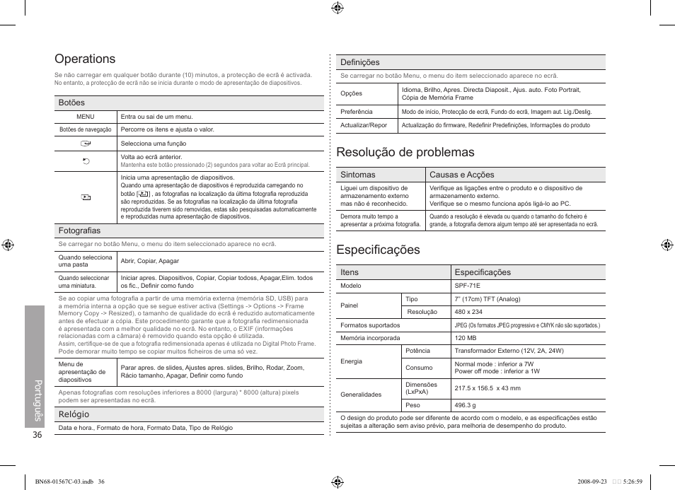 Operations, Resolução de problemas, Especificações | Português | Samsung SPF-71E User Manual | Page 36 / 64