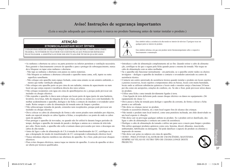 Aviso! instruções de segurança importantes, Português, Atenção | Samsung SPF-71E User Manual | Page 37 / 64